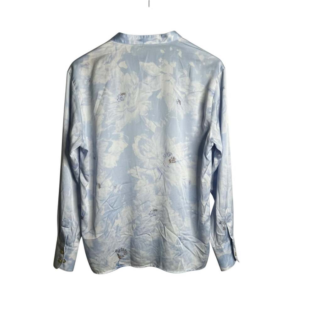 Vince Painted Magnolia Band Collar Blouse Size Medium Blue Floral Button Up - Picture 3 of 5